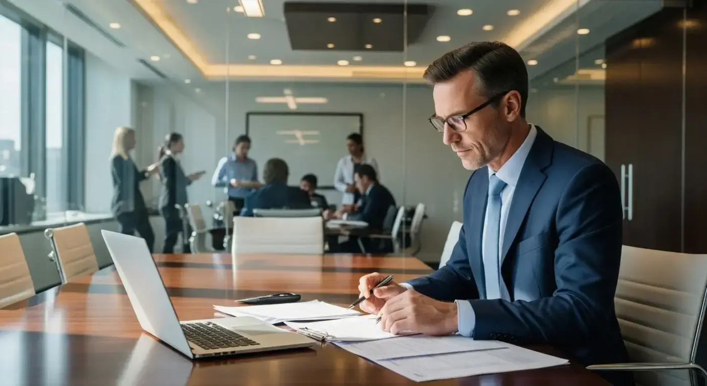 Senior employment lawyer in glass-walled conference room reviewing documents with laptop during workplace investigation, conveying discretion and sophisticated legal counsel